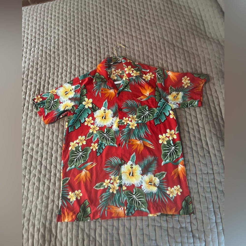 Red and Green Casual Button Down Shirt with Tropical Floral Design